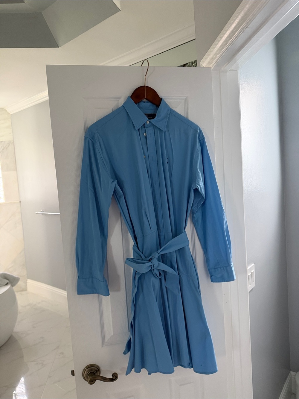 Ralph Lauren Sky Blue Button-Down Shirt Dress with Waist Tie
